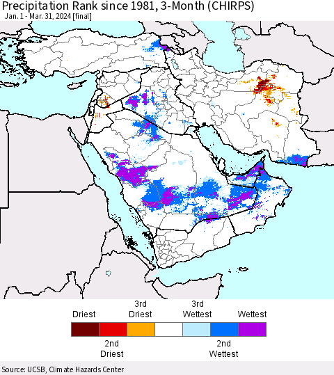 Middle East and Turkey Precipitation Rank since 1981, 3-Month (CHIRPS) Thematic Map For 1/1/2024 - 3/31/2024
