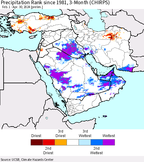 Middle East and Turkey Precipitation Rank since 1981, 3-Month (CHIRPS) Thematic Map For 2/1/2024 - 4/30/2024