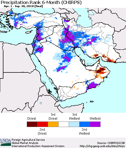 Middle East and Turkey Precipitation Rank since 1981, 6-Month (CHIRPS) Thematic Map For 4/1/2018 - 9/30/2018