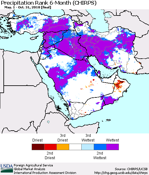 Middle East and Turkey Precipitation Rank since 1981, 6-Month (CHIRPS) Thematic Map For 5/1/2018 - 10/31/2018