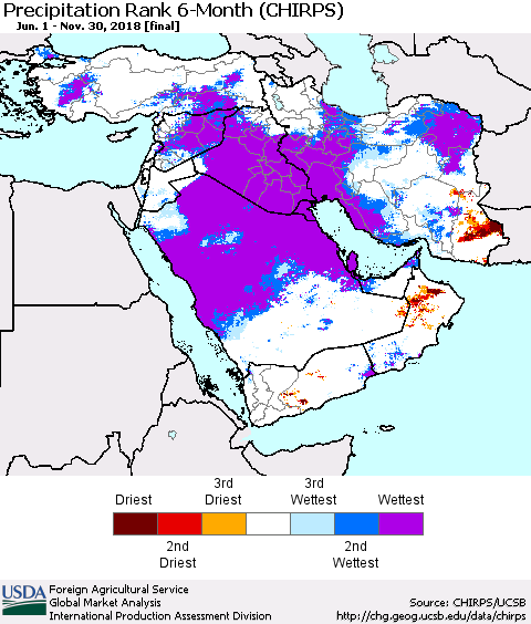 Middle East and Turkey Precipitation Rank since 1981, 6-Month (CHIRPS) Thematic Map For 6/1/2018 - 11/30/2018