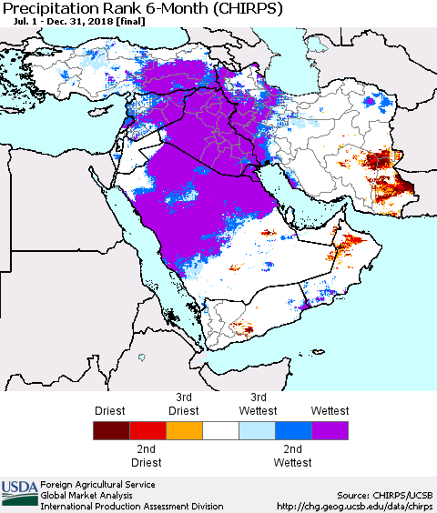 Middle East and Turkey Precipitation Rank since 1981, 6-Month (CHIRPS) Thematic Map For 7/1/2018 - 12/31/2018