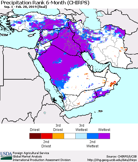 Middle East and Turkey Precipitation Rank since 1981, 6-Month (CHIRPS) Thematic Map For 9/1/2018 - 2/28/2019