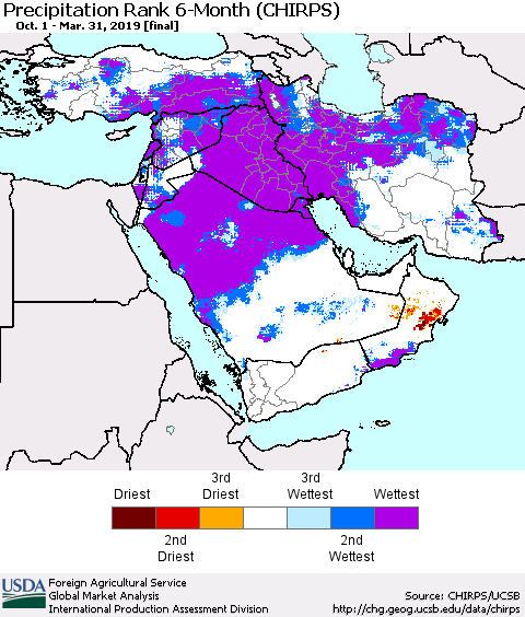 Middle East and Turkey Precipitation Rank since 1981, 6-Month (CHIRPS) Thematic Map For 10/1/2018 - 3/31/2019