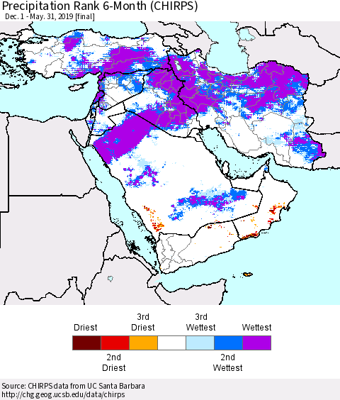 Middle East and Turkey Precipitation Rank since 1981, 6-Month (CHIRPS) Thematic Map For 12/1/2018 - 5/31/2019