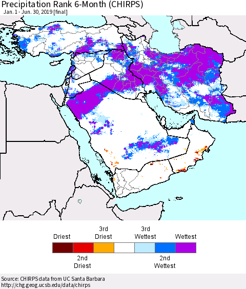 Middle East and Turkey Precipitation Rank since 1981, 6-Month (CHIRPS) Thematic Map For 1/1/2019 - 6/30/2019