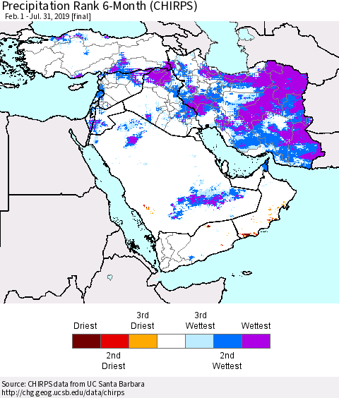 Middle East and Turkey Precipitation Rank since 1981, 6-Month (CHIRPS) Thematic Map For 2/1/2019 - 7/31/2019