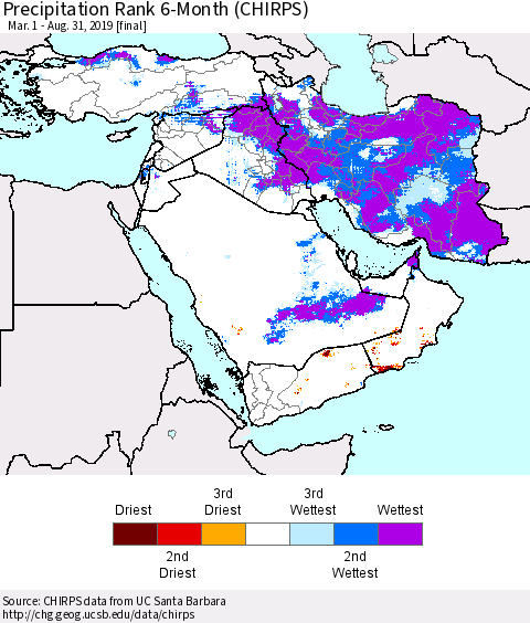 Middle East and Turkey Precipitation Rank since 1981, 6-Month (CHIRPS) Thematic Map For 3/1/2019 - 8/31/2019