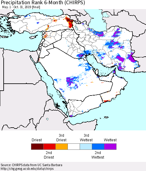 Middle East and Turkey Precipitation Rank since 1981, 6-Month (CHIRPS) Thematic Map For 5/1/2019 - 10/31/2019