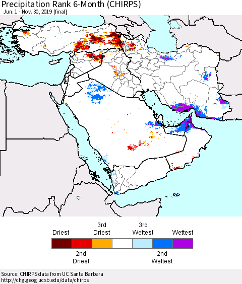 Middle East and Turkey Precipitation Rank since 1981, 6-Month (CHIRPS) Thematic Map For 6/1/2019 - 11/30/2019