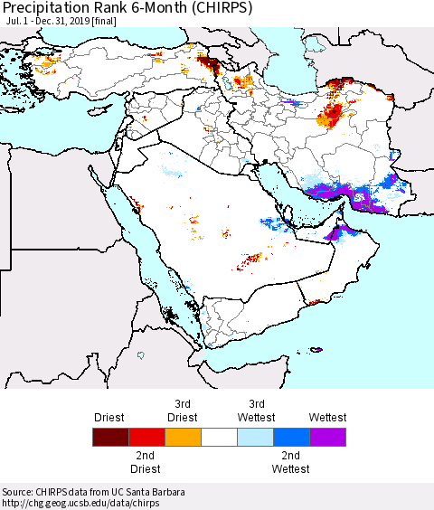 Middle East and Turkey Precipitation Rank since 1981, 6-Month (CHIRPS) Thematic Map For 7/1/2019 - 12/31/2019