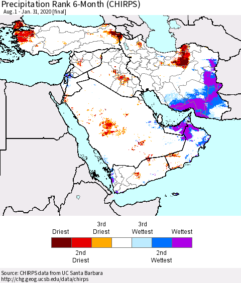 Middle East and Turkey Precipitation Rank since 1981, 6-Month (CHIRPS) Thematic Map For 8/1/2019 - 1/31/2020