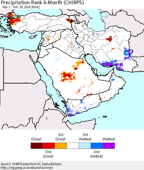 Middle East and Turkey Precipitation Rank since 1981, 6-Month (CHIRPS) Thematic Map For 9/1/2019 - 2/29/2020