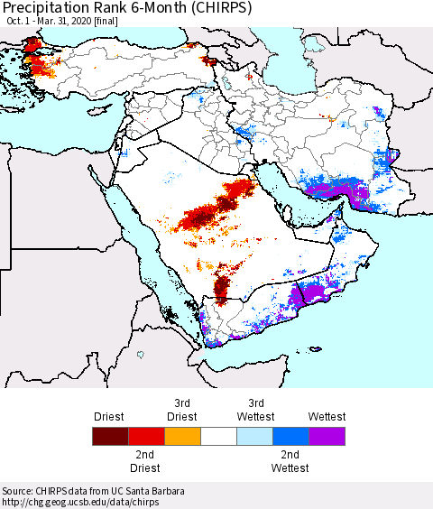 Middle East and Turkey Precipitation Rank since 1981, 6-Month (CHIRPS) Thematic Map For 10/1/2019 - 3/31/2020