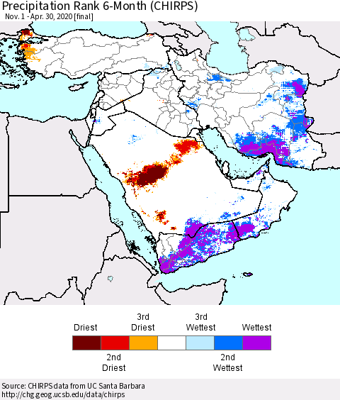 Middle East and Turkey Precipitation Rank since 1981, 6-Month (CHIRPS) Thematic Map For 11/1/2019 - 4/30/2020