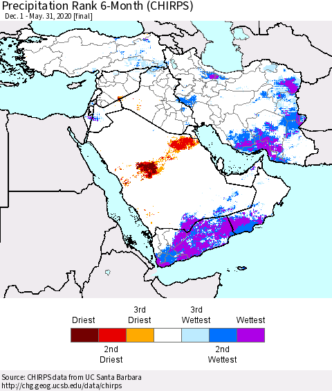 Middle East and Turkey Precipitation Rank since 1981, 6-Month (CHIRPS) Thematic Map For 12/1/2019 - 5/31/2020