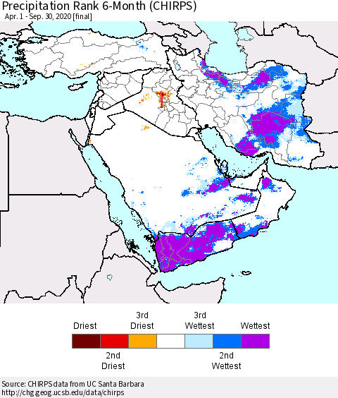 Middle East and Turkey Precipitation Rank since 1981, 6-Month (CHIRPS) Thematic Map For 4/1/2020 - 9/30/2020