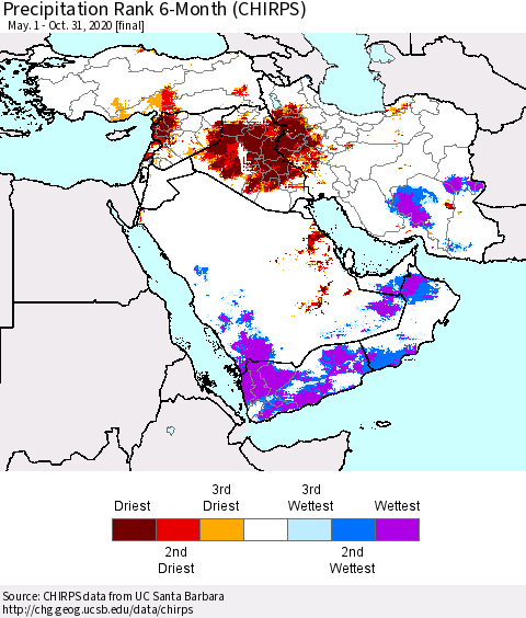 Middle East and Turkey Precipitation Rank since 1981, 6-Month (CHIRPS) Thematic Map For 5/1/2020 - 10/31/2020