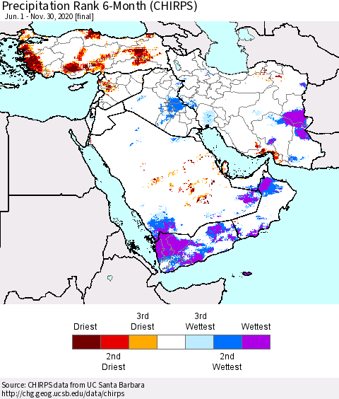Middle East and Turkey Precipitation Rank since 1981, 6-Month (CHIRPS) Thematic Map For 6/1/2020 - 11/30/2020
