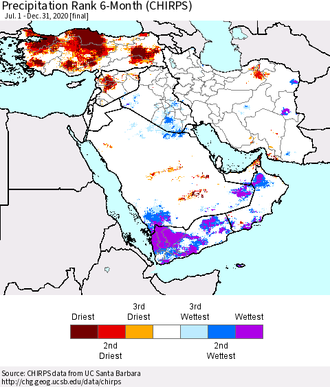 Middle East and Turkey Precipitation Rank since 1981, 6-Month (CHIRPS) Thematic Map For 7/1/2020 - 12/31/2020