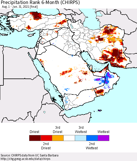 Middle East and Turkey Precipitation Rank since 1981, 6-Month (CHIRPS) Thematic Map For 8/1/2020 - 1/31/2021