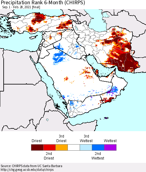 Middle East and Turkey Precipitation Rank since 1981, 6-Month (CHIRPS) Thematic Map For 9/1/2020 - 2/28/2021