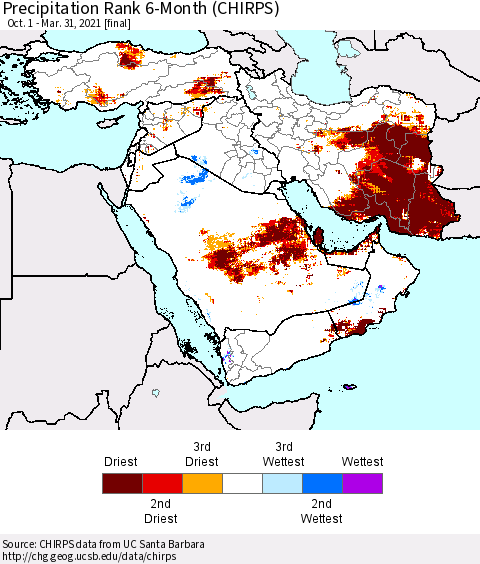 Middle East and Turkey Precipitation Rank since 1981, 6-Month (CHIRPS) Thematic Map For 10/1/2020 - 3/31/2021