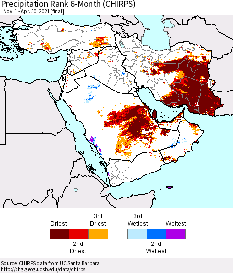 Middle East and Turkey Precipitation Rank since 1981, 6-Month (CHIRPS) Thematic Map For 11/1/2020 - 4/30/2021