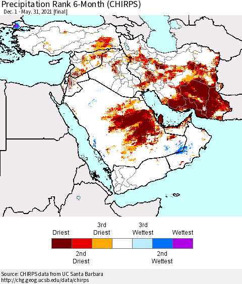 Middle East and Turkey Precipitation Rank since 1981, 6-Month (CHIRPS) Thematic Map For 12/1/2020 - 5/31/2021
