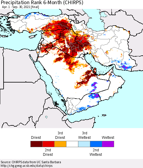 Middle East and Turkey Precipitation Rank since 1981, 6-Month (CHIRPS) Thematic Map For 4/1/2021 - 9/30/2021