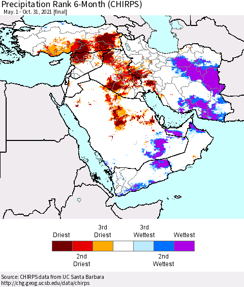 Middle East and Turkey Precipitation Rank since 1981, 6-Month (CHIRPS) Thematic Map For 5/1/2021 - 10/31/2021