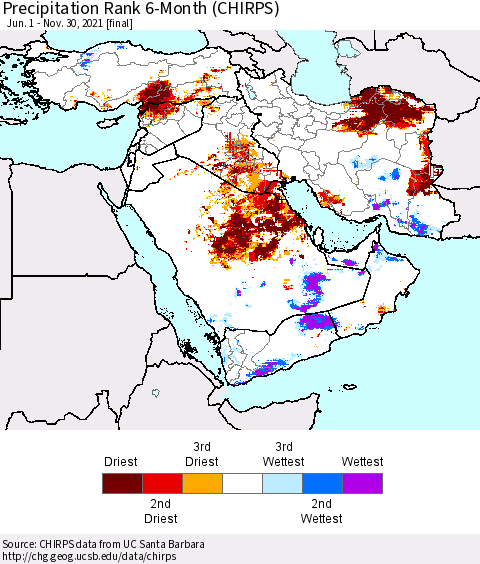 Middle East and Turkey Precipitation Rank since 1981, 6-Month (CHIRPS) Thematic Map For 6/1/2021 - 11/30/2021