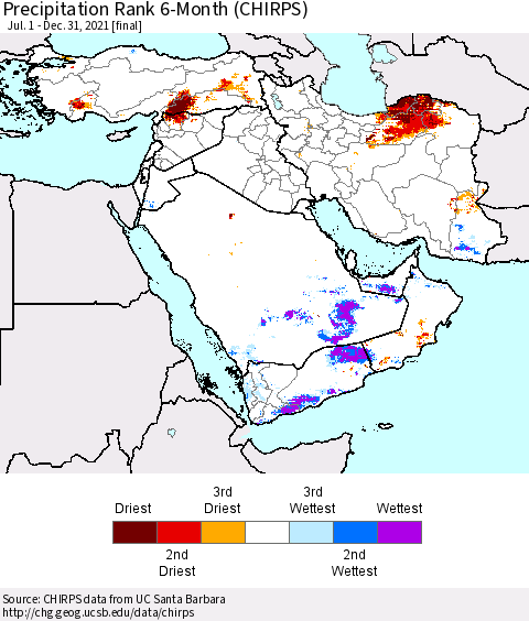 Middle East and Turkey Precipitation Rank since 1981, 6-Month (CHIRPS) Thematic Map For 7/1/2021 - 12/31/2021