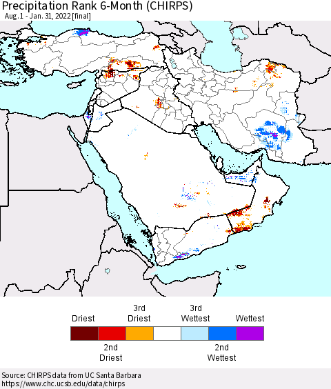 Middle East and Turkey Precipitation Rank since 1981, 6-Month (CHIRPS) Thematic Map For 8/1/2021 - 1/31/2022