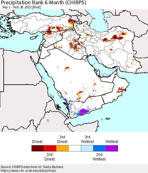 Middle East and Turkey Precipitation Rank since 1981, 6-Month (CHIRPS) Thematic Map For 9/1/2021 - 2/28/2022