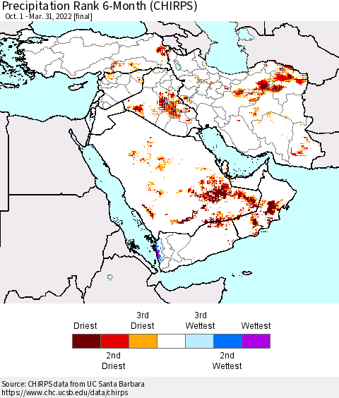 Middle East and Turkey Precipitation Rank since 1981, 6-Month (CHIRPS) Thematic Map For 10/1/2021 - 3/31/2022