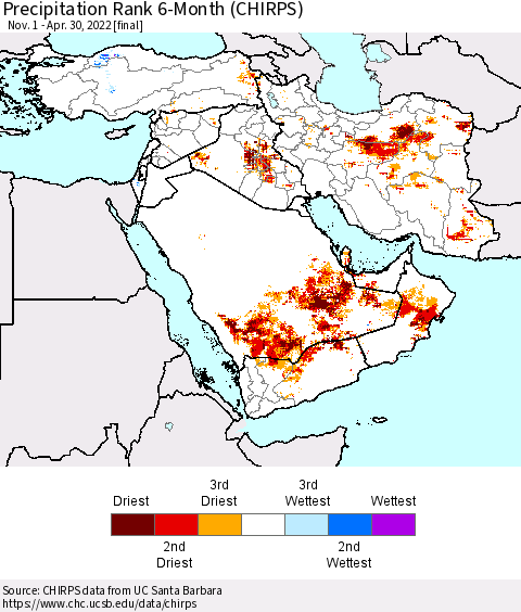 Middle East and Turkey Precipitation Rank since 1981, 6-Month (CHIRPS) Thematic Map For 11/1/2021 - 4/30/2022