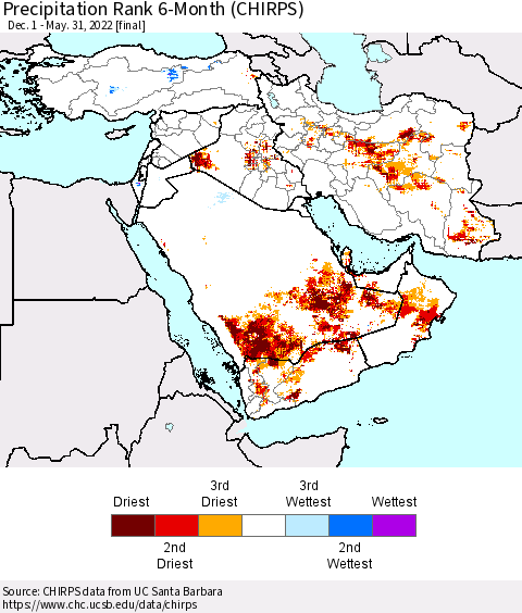 Middle East and Turkey Precipitation Rank since 1981, 6-Month (CHIRPS) Thematic Map For 12/1/2021 - 5/31/2022