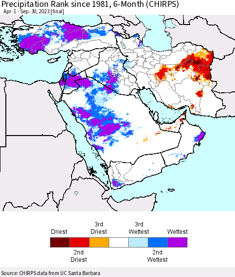 Middle East and Turkey Precipitation Rank since 1981, 6-Month (CHIRPS) Thematic Map For 4/1/2023 - 9/30/2023