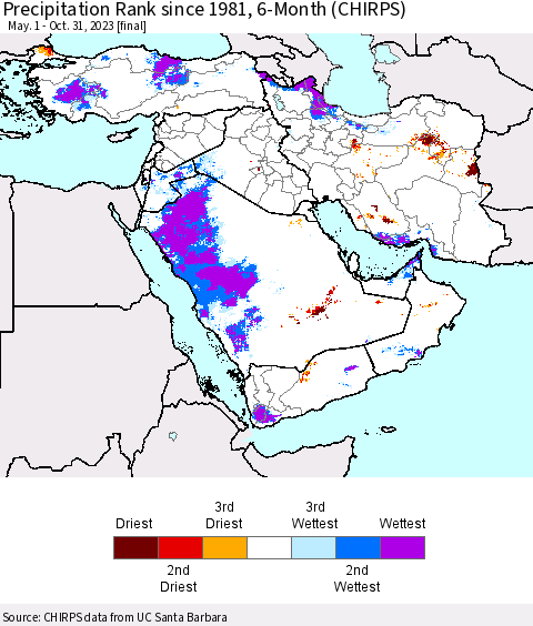 Middle East and Turkey Precipitation Rank since 1981, 6-Month (CHIRPS) Thematic Map For 5/1/2023 - 10/31/2023