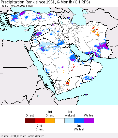 Middle East and Turkey Precipitation Rank since 1981, 6-Month (CHIRPS) Thematic Map For 6/1/2023 - 11/30/2023