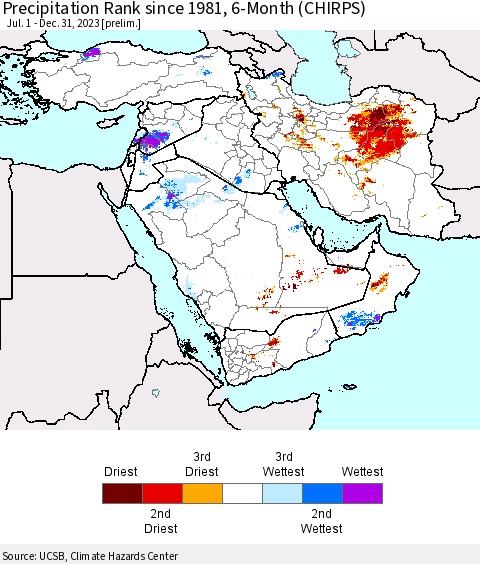 Middle East and Turkey Precipitation Rank since 1981, 6-Month (CHIRPS) Thematic Map For 7/1/2023 - 12/31/2023