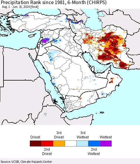 Middle East and Turkey Precipitation Rank since 1981, 6-Month (CHIRPS) Thematic Map For 8/1/2023 - 1/31/2024