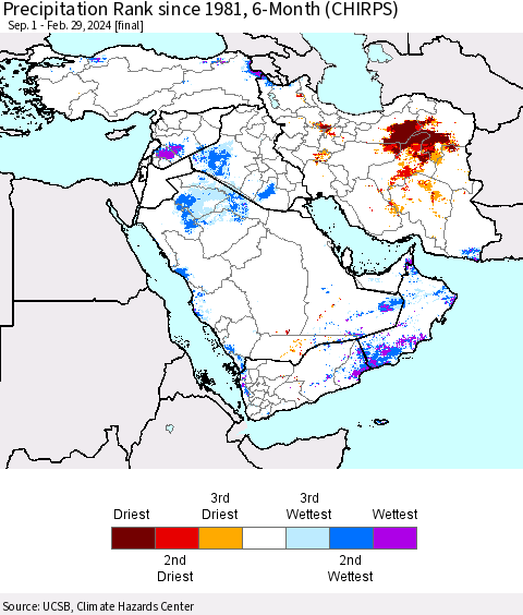 Middle East and Turkey Precipitation Rank since 1981, 6-Month (CHIRPS) Thematic Map For 9/1/2023 - 2/29/2024