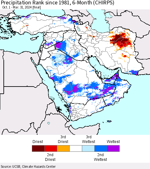 Middle East and Turkey Precipitation Rank since 1981, 6-Month (CHIRPS) Thematic Map For 10/1/2023 - 3/31/2024