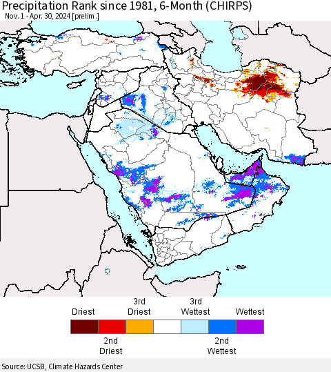 Middle East and Turkey Precipitation Rank since 1981, 6-Month (CHIRPS) Thematic Map For 11/1/2023 - 4/30/2024