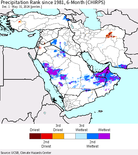 Middle East and Turkey Precipitation Rank since 1981, 6-Month (CHIRPS) Thematic Map For 12/1/2023 - 5/31/2024
