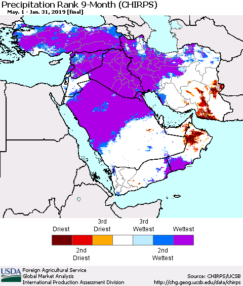 Middle East and Turkey Precipitation Rank since 1981, 9-Month (CHIRPS) Thematic Map For 5/1/2018 - 1/31/2019