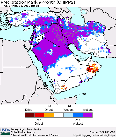 Middle East and Turkey Precipitation Rank since 1981, 9-Month (CHIRPS) Thematic Map For 7/1/2018 - 3/31/2019