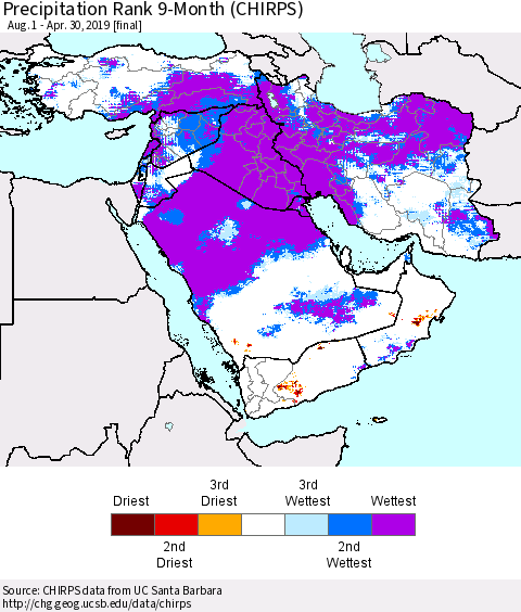 Middle East and Turkey Precipitation Rank since 1981, 9-Month (CHIRPS) Thematic Map For 8/1/2018 - 4/30/2019